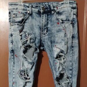 MENS POLITICS SIZE 30 STRETCH DENIM JEANS-DISTRESSED AND PAINT SPLATTER
